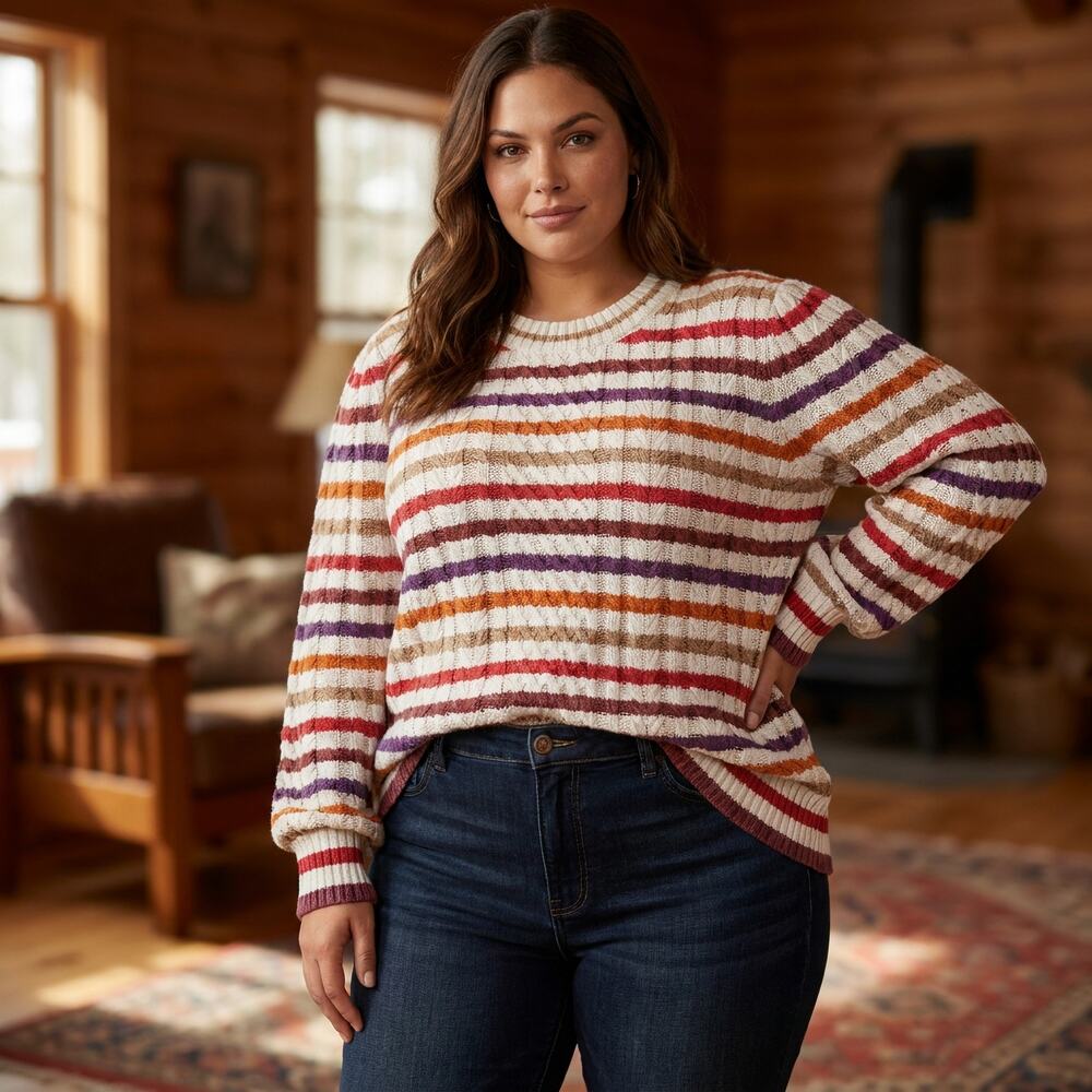 St Johns Bay Striped Cable Knit Puff Sleeve Sweater Women 2X Academia Retro Cozy